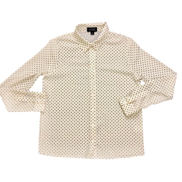 Vixbe Cream Black Print Button Front Long Sleeve Blouse Square Hem Loose Fit - Picture 10 of 16